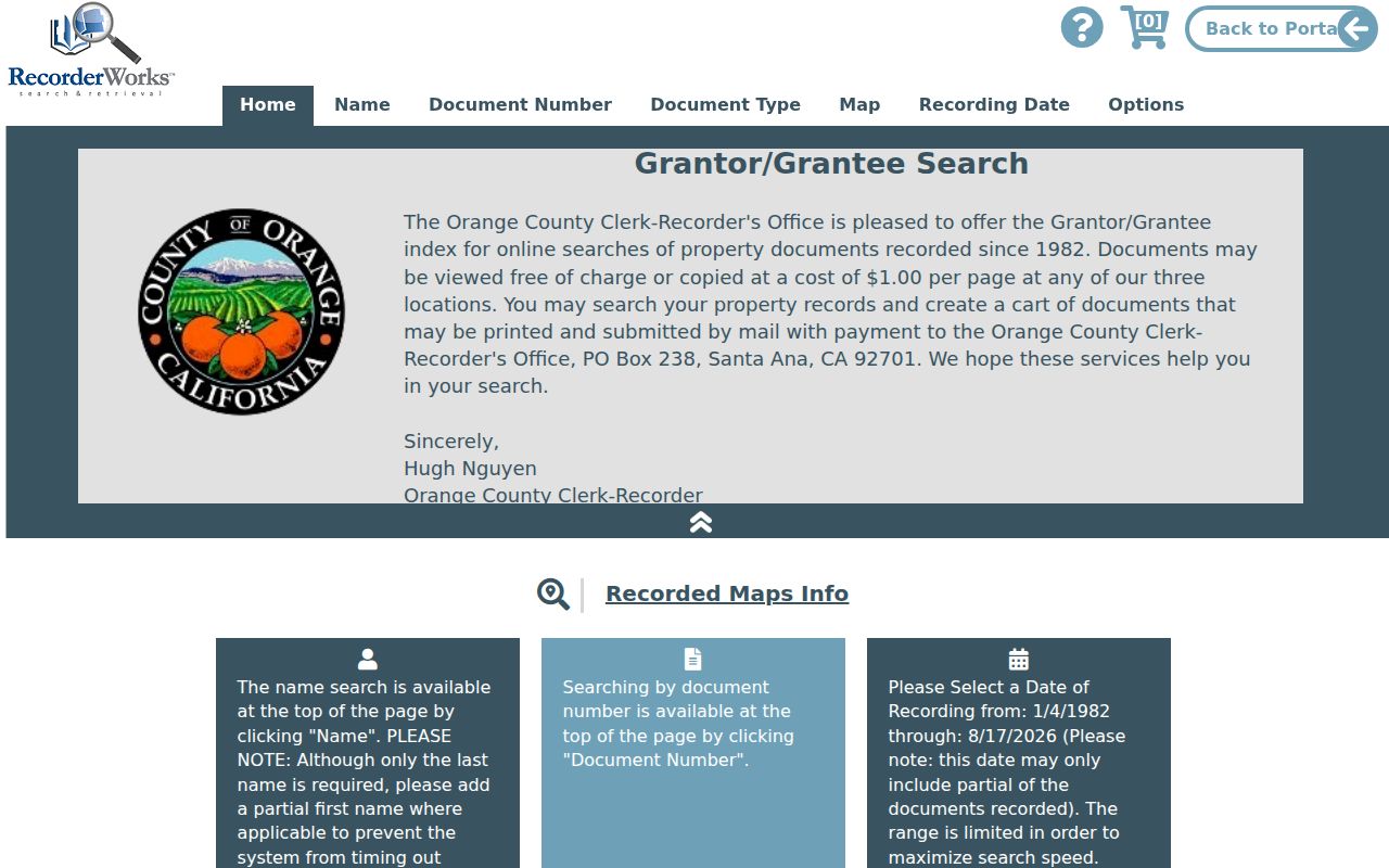 Fullerton previous residents RecorderWorks grantor grantee index