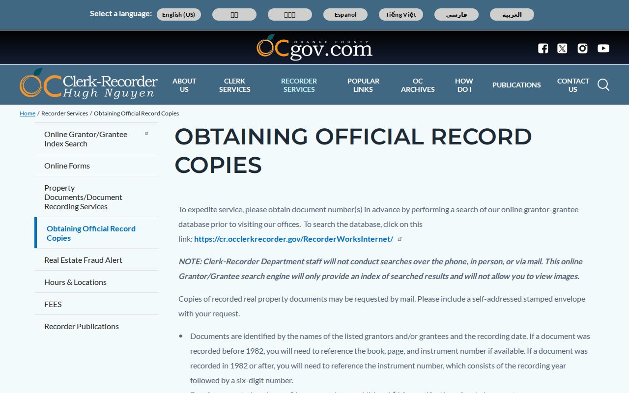 Fullerton street directory Orange County official record copy instructions