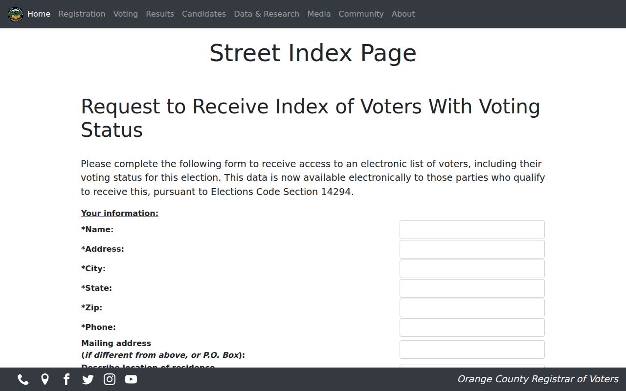 Fullerton street directory restricted Orange County voter street index